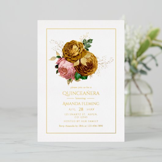  Blush en Gold Floral Quinceañera Folie Uitnodiging (Staand Voorkant)