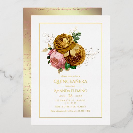 Blush en Gold Floral Quinceañera Folie Uitnodiging (Voorkant / Achterkant)
