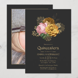  Blush en Gold Floral Quinceañera Foto Kaart