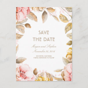 Blush en Gold Floral Waterverven Sla de datum op Aankondigingskaart