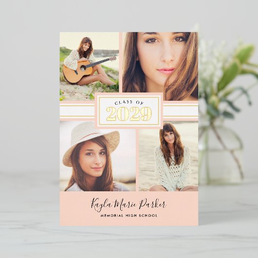 Blush en Gold Foil Foto Afstuderen Aankondiging (Staand Voorkant)