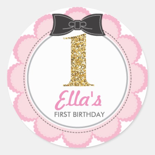 Blush en Gold Glitter Eerste Verjaardag stickers (Voorkant)