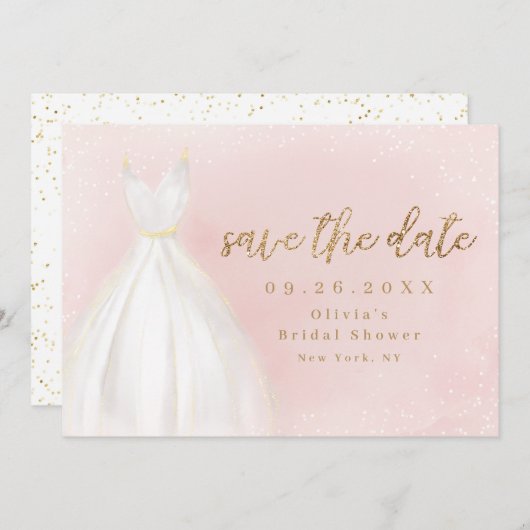 Blush en Gold Glitter Elegant Dress Save Date Save The Date (Voorkant / Achterkant)