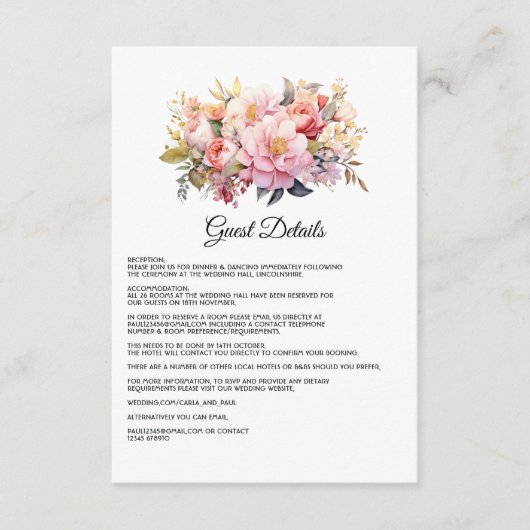Blush en Goud Bloemen Bruiloft Gast Details Informatiekaartje (Voorkant)
