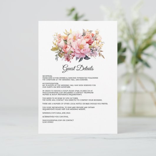 Blush en Goud Bloemen Bruiloft Gast Details Informatiekaartje (Staand voorkant)