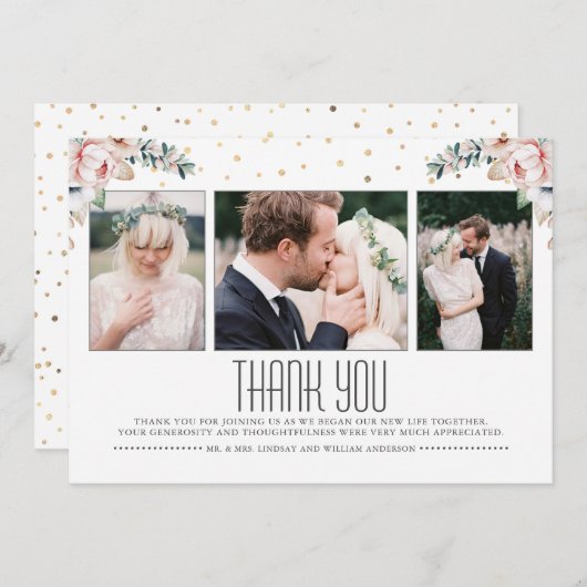 Blush en Goud | Bloemenbruiloft dank u foto Bedankkaart (Voorkant / Achterkant)