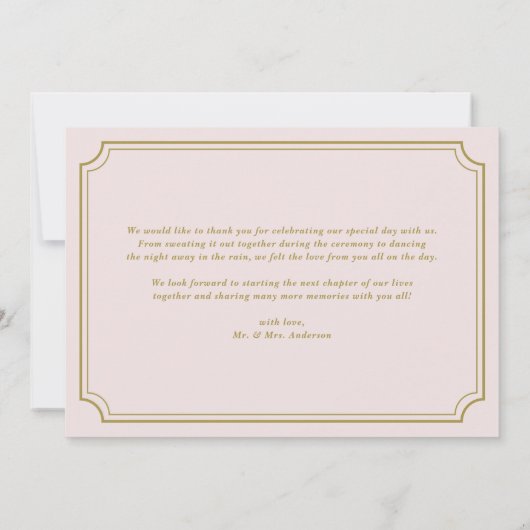 Blush en goud grillige script foto bruiloft bedankkaart (Achterkant)