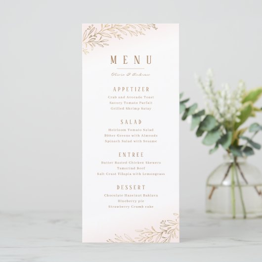 Blush en goud verguld botanische elegante bruiloft menu (Staand voorkant)