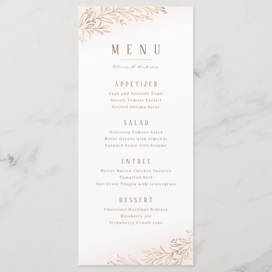 Blush en goud verguld botanische elegante bruiloft menu (Voorkant)