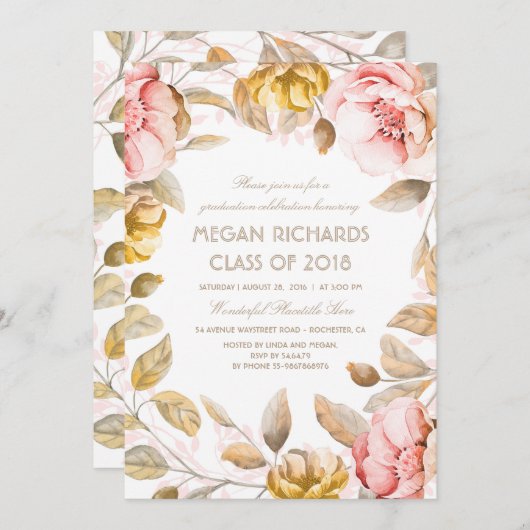 Blush en Gouden Bloemen Waterverf Boho Afstuderen Kaart (Voorkant / Achterkant)