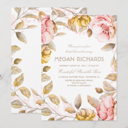 Blush en Gouden Bloemen Waterverf Vrijgezellenfees Kaart (Voorkant / Achterkant)