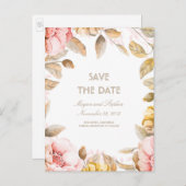 Blush en Gouden Bloemen Waterverven Save the Date Aankondigingskaart (Voorkant / Achterkant)