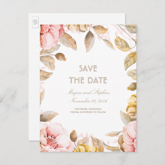 Blush en Gouden Bloemen Waterverven Save the Date Aankondigingskaart (Voorkant / Achterkant)