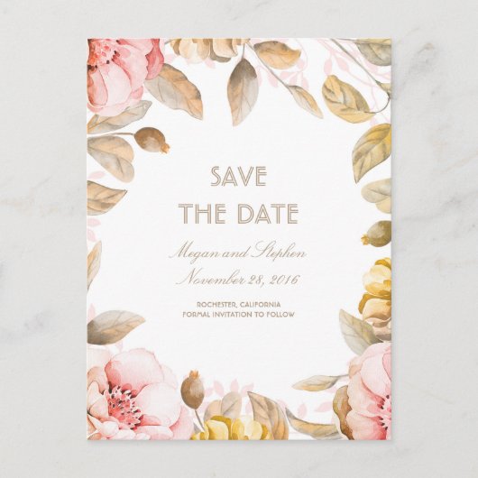 Blush en Gouden Bloemen Waterverven Save the Date Aankondigingskaart (Voorkant)
