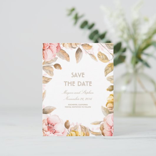 Blush en Gouden Bloemen Waterverven Save the Date Aankondigingskaart (Staand voorkant)