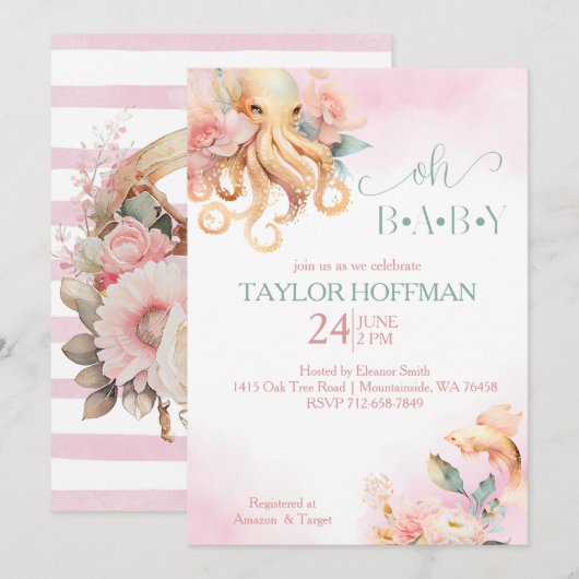 Blush en gouden bloemenboho onder het zee baby kaart (Voorkant / Achterkant)