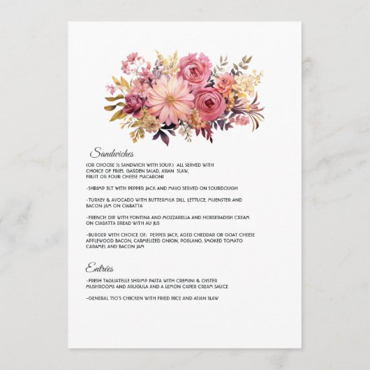 Blush en gouden bloemenbruiloft menu (Achterkant)