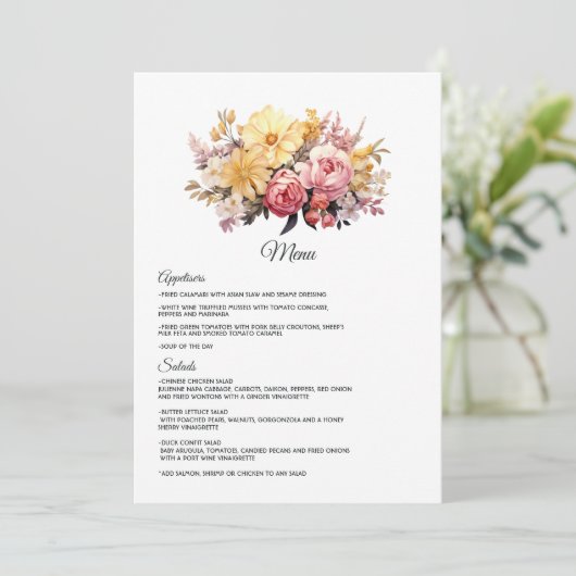 Blush en gouden bloemenbruiloft menu (Staand voorkant)