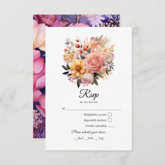 Blush en gouden bloemenbruiloft RSVP kaartje (Voorkant / Achterkant)