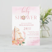 Blush en gouden bloemenroze zeilboot baby shower kaart (Staand voorkant)