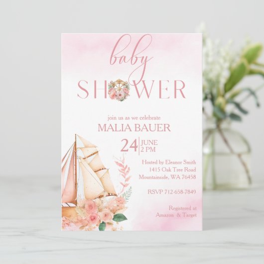 Blush en gouden bloemenroze zeilboot baby shower kaart (Staand voorkant)