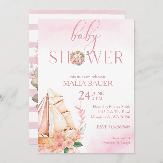 Blush en gouden bloemenroze zeilboot baby shower kaart (Voorkant / Achterkant)
