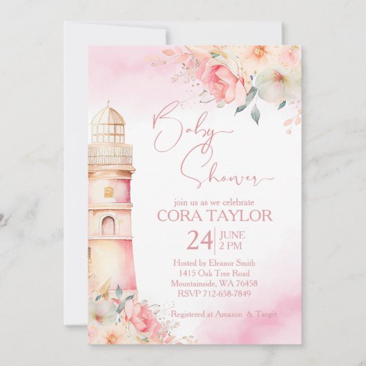 Blush en gouden Boho bloemenvuurtoren baby shower Kaart (Voorkant)