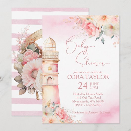 Blush en gouden Boho bloemenvuurtoren baby shower Kaart (Voorkant / Achterkant)