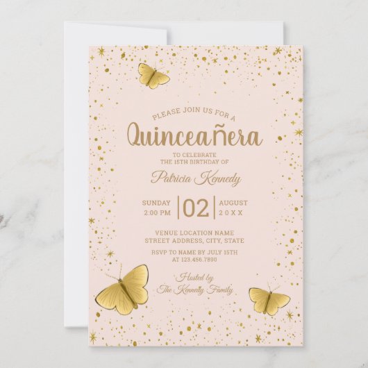 Blush en Gouden Glitter Butterfly Quinceanera Kaart (Voorkant)