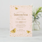 Blush en Gouden Glitter Butterfly Quinceanera Kaart (Staand voorkant)