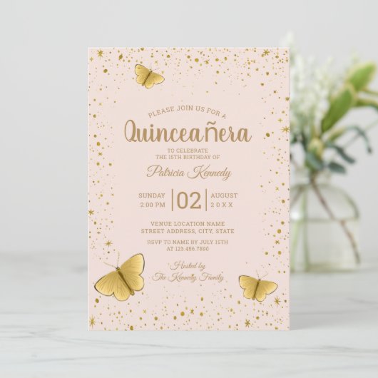 Blush en Gouden Glitter Butterfly Quinceanera Kaart (Staand voorkant)