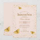 Blush en Gouden Glitter Butterfly Quinceanera Kaart (Voorkant / Achterkant)