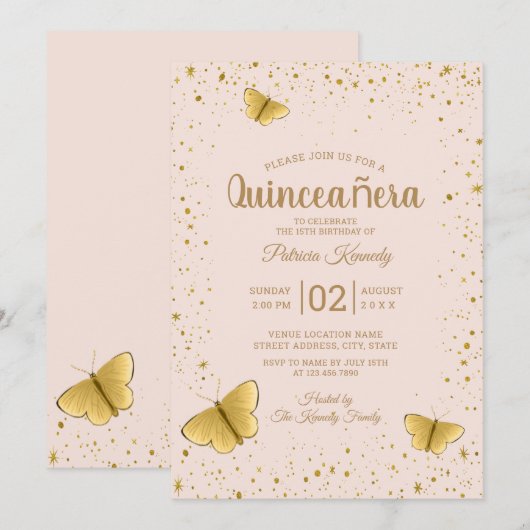 Blush en Gouden Glitter Butterfly Quinceanera Kaart (Voorkant / Achterkant)