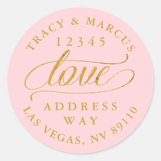 Blush en Gouden Liefde Kalligrafie Bruiloft Adres Ronde Sticker (Voorkant)