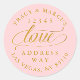 Blush en Gouden Liefde Kalligrafie Bruiloft Adres Ronde Sticker