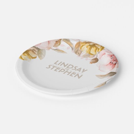 Blush en Gouden Waterverf Bloemen Boeket Huwelijk Papieren Bordje (Gekanteld)