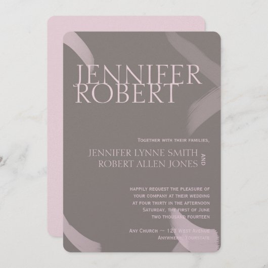 Blush en Grey Stroke Metallic Wedding Invitation Kaart (Voorkant / Achterkant)