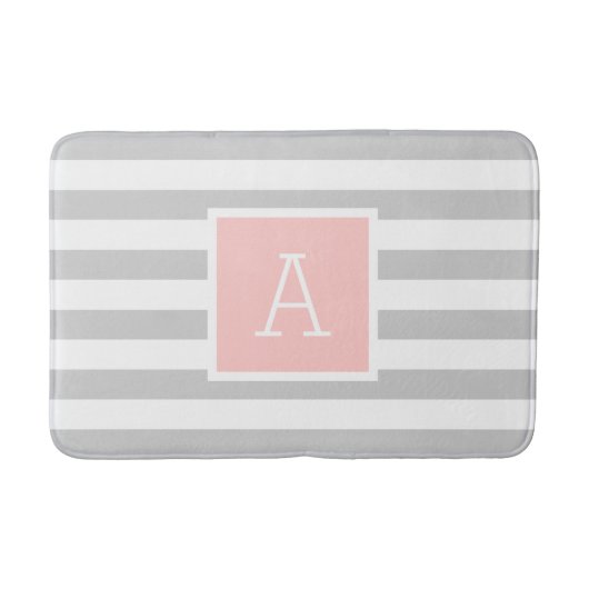Blush en Grijze Strepen Monogram | Bewerkbare kleu Badmat (Voorkant)