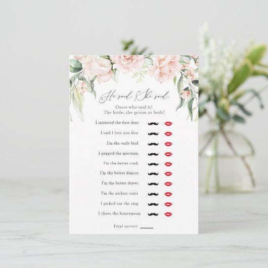 Blush en groen Hij zei, Ze zei Douche Spel Kaart (Staand voorkant)
