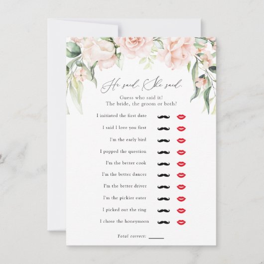 Blush en groen Hij zei, Ze zei Douche Spel Kaart (Voorkant)