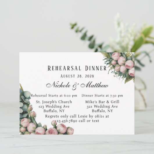 Blush en groen repetitie diner kaart (Staand voorkant)