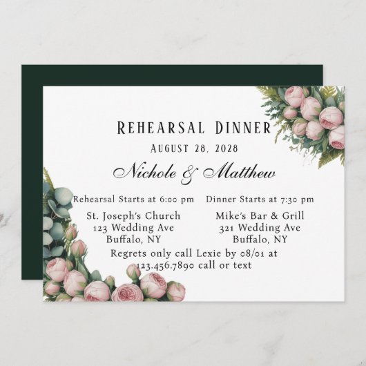 Blush en groen repetitie diner kaart (Voorkant / Achterkant)