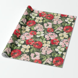 Blush en groene kerstWaterverf Flowers Donker Cadeaupapier