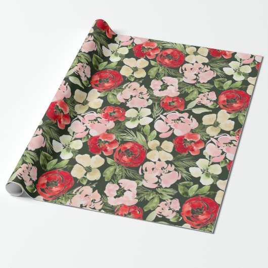 Blush en groene kerstWaterverf Flowers Donker Cadeaupapier (Uitgerold)