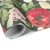 Blush en groene kerstWaterverf Flowers Donker Cadeaupapier (Rol Hoek)