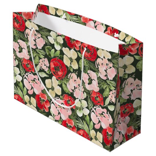Blush en groene kerstWaterverf Flowers Donker Groot Cadeauzakje (Achterkant Gekanteld)