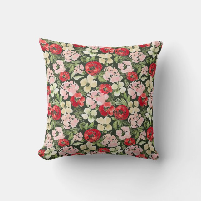 Blush en groene kerstWaterverf Flowers Donker Kussen (Voorkant)