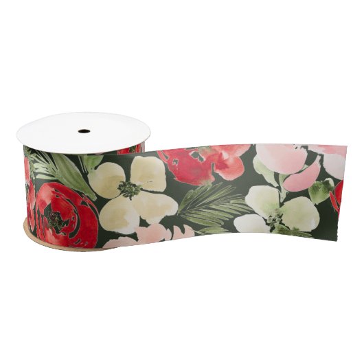 Blush en groene kerstWaterverf Flowers Donker Satijnen Lint (Spoel)