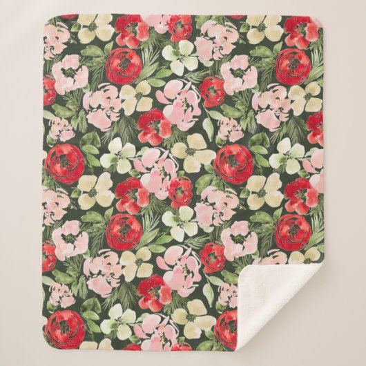 Blush en groene kerstWaterverf Flowers Donker Sherpa Deken (Voorkant)