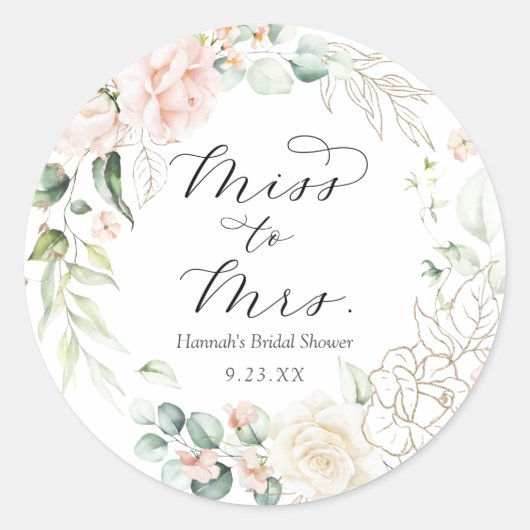 Blush en Groene Miss tot Mevrouw Bruidsontbijt Ronde Sticker (Voorkant)